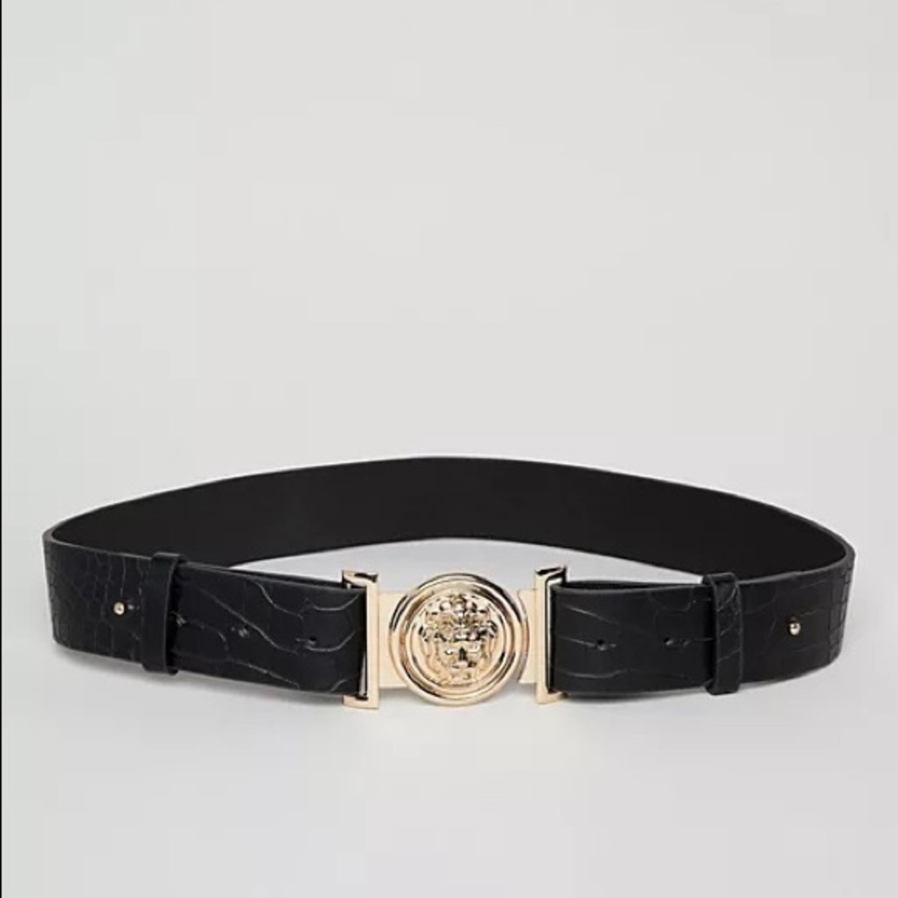 MY ACCESSORIES London Exclusive black faux croc gold clip buckle Belt